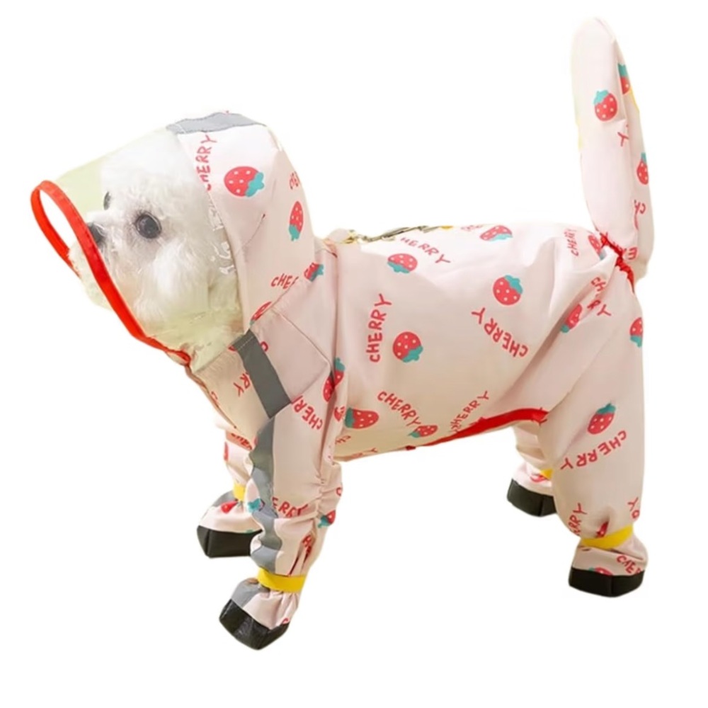 💎Small Dog puppy Raincoat, Jacket Tail Protect Feet Cover Waterproof Strawberry